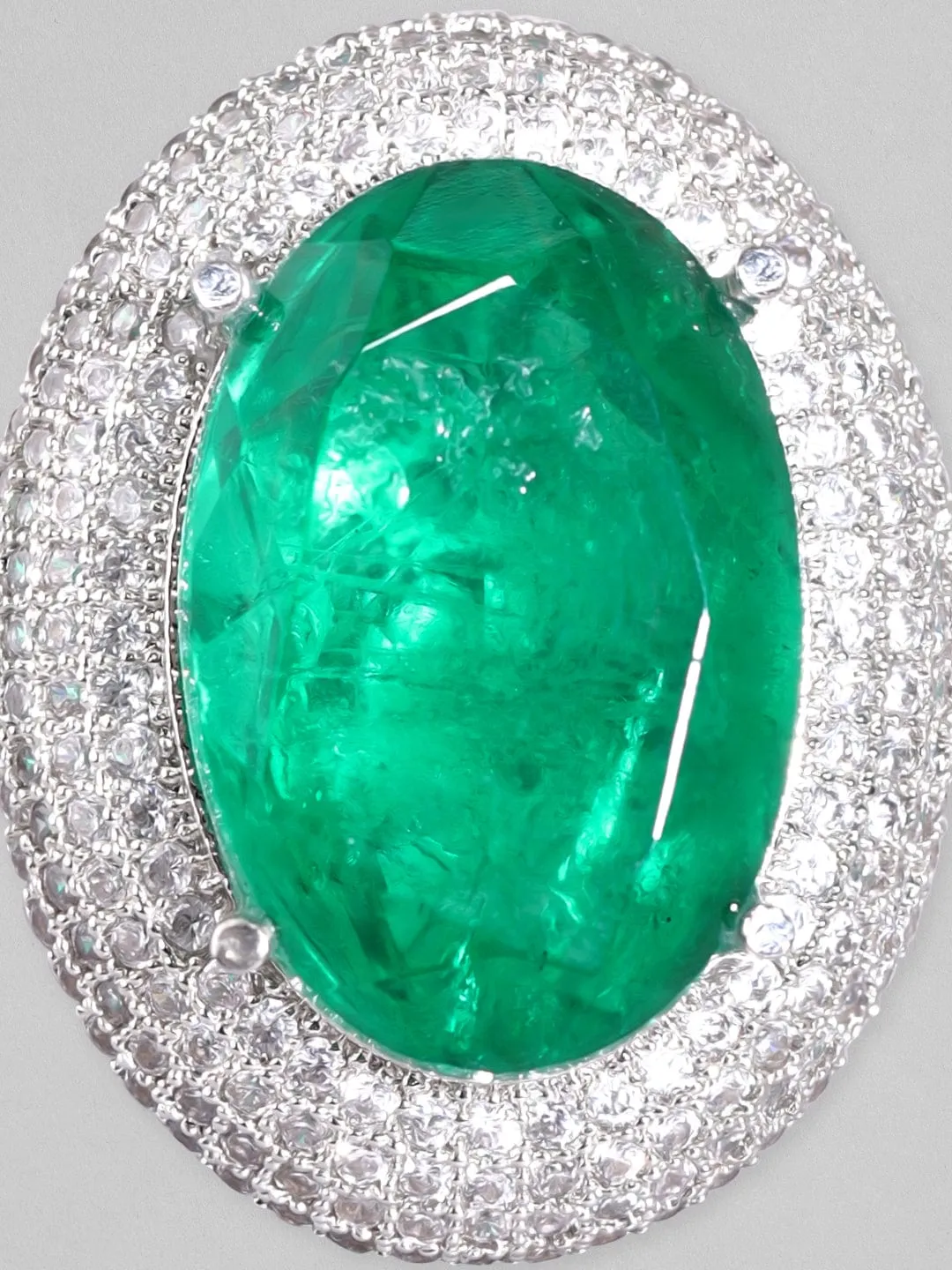 Rubans Rhodium Plated Zircons & Emerald Stone Studded Statement Ring