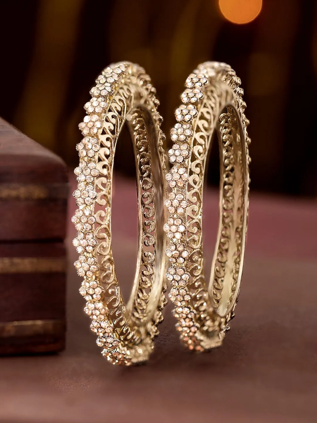 Rubans Set of 2, Antique gold zirconia studded contemprory bangles