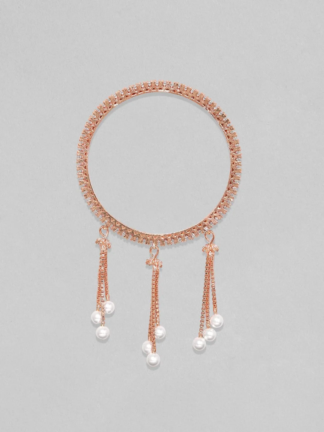 Rubans Set Of 4, 18K Rose Gold Plated White Zircons Pearl Tassels Bangles