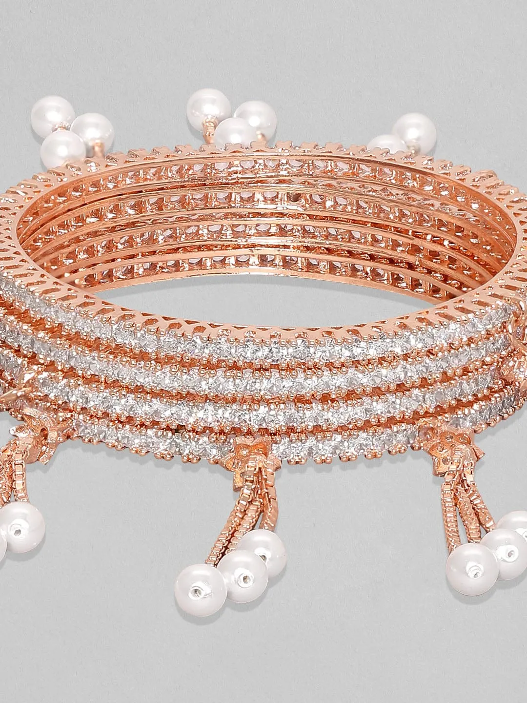 Rubans Set Of 4, 18K Rose Gold Plated White Zircons Pearl Tassels Bangles