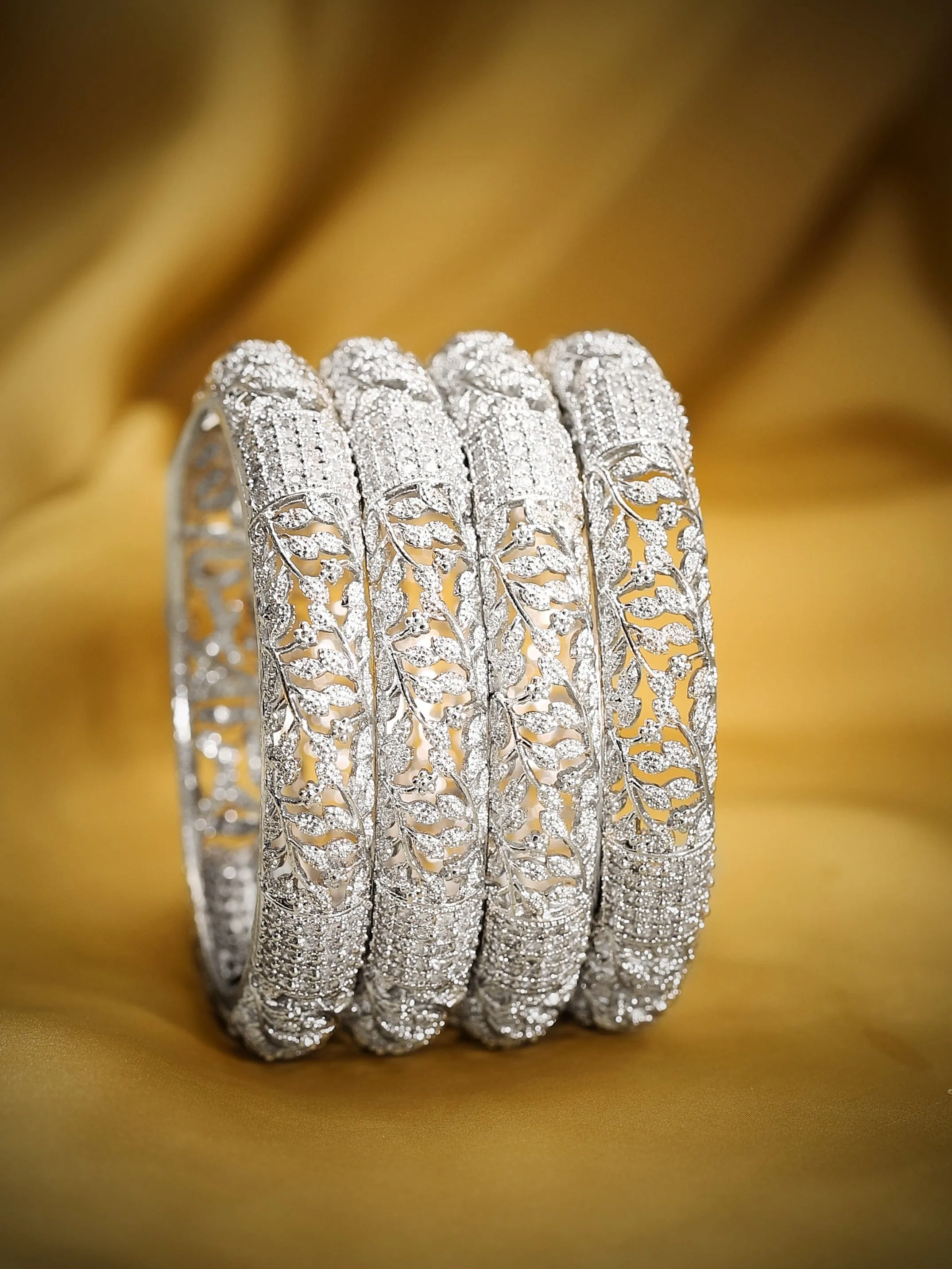 Rubans Set Of 4 Silver Toned Zircon Studded Bangles