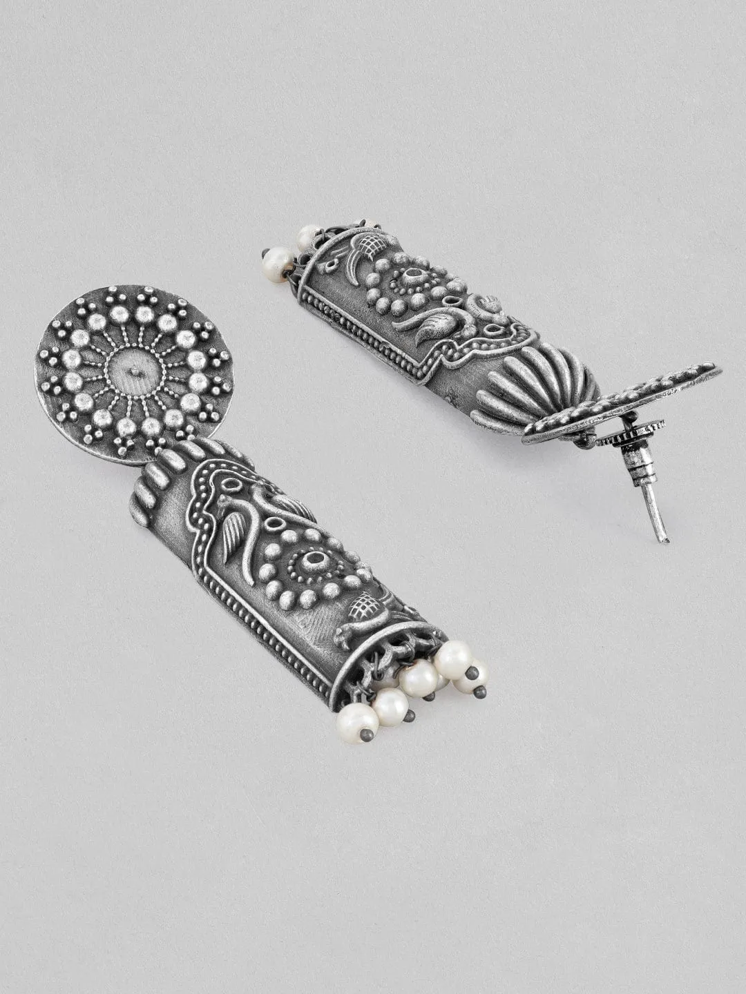 Rubans Silver Oxidised Drop Earrings With An Elegant Carved Design