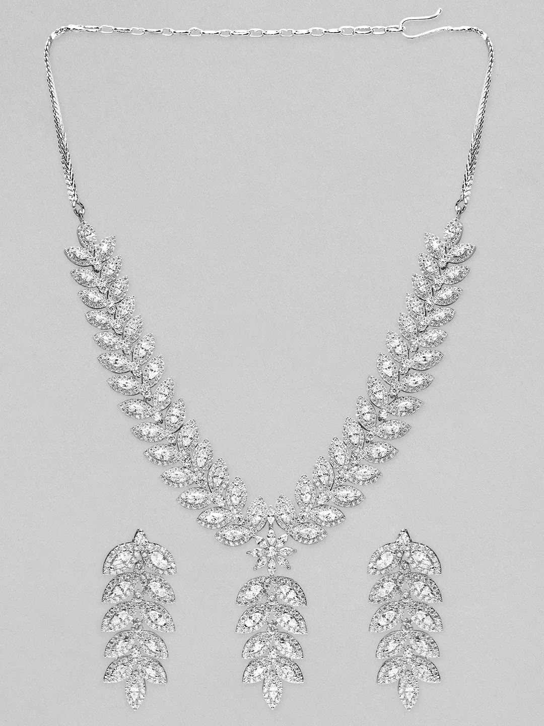 Rubans Silver-Plated AD Studded Necklace Jewellery Set