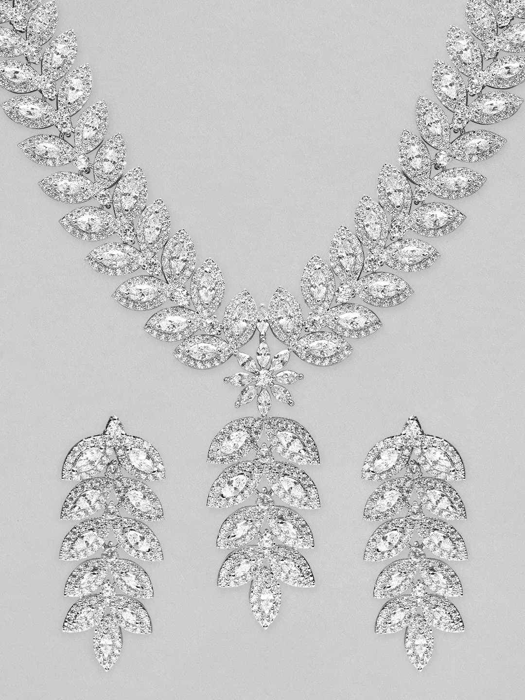 Rubans Silver-Plated AD Studded Necklace Jewellery Set