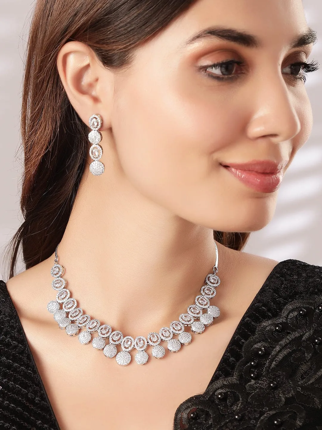 Rubans Silver Plated Handcrafted Enchanting CZ Studded Necklace Set