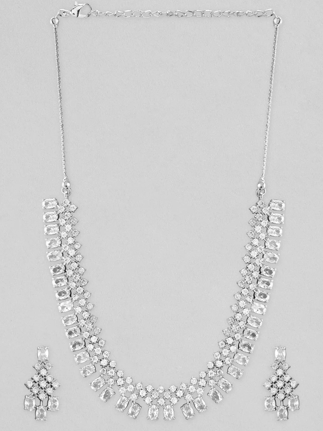 Rubans Silver Plated Necklace Set With Studded American Diamonds