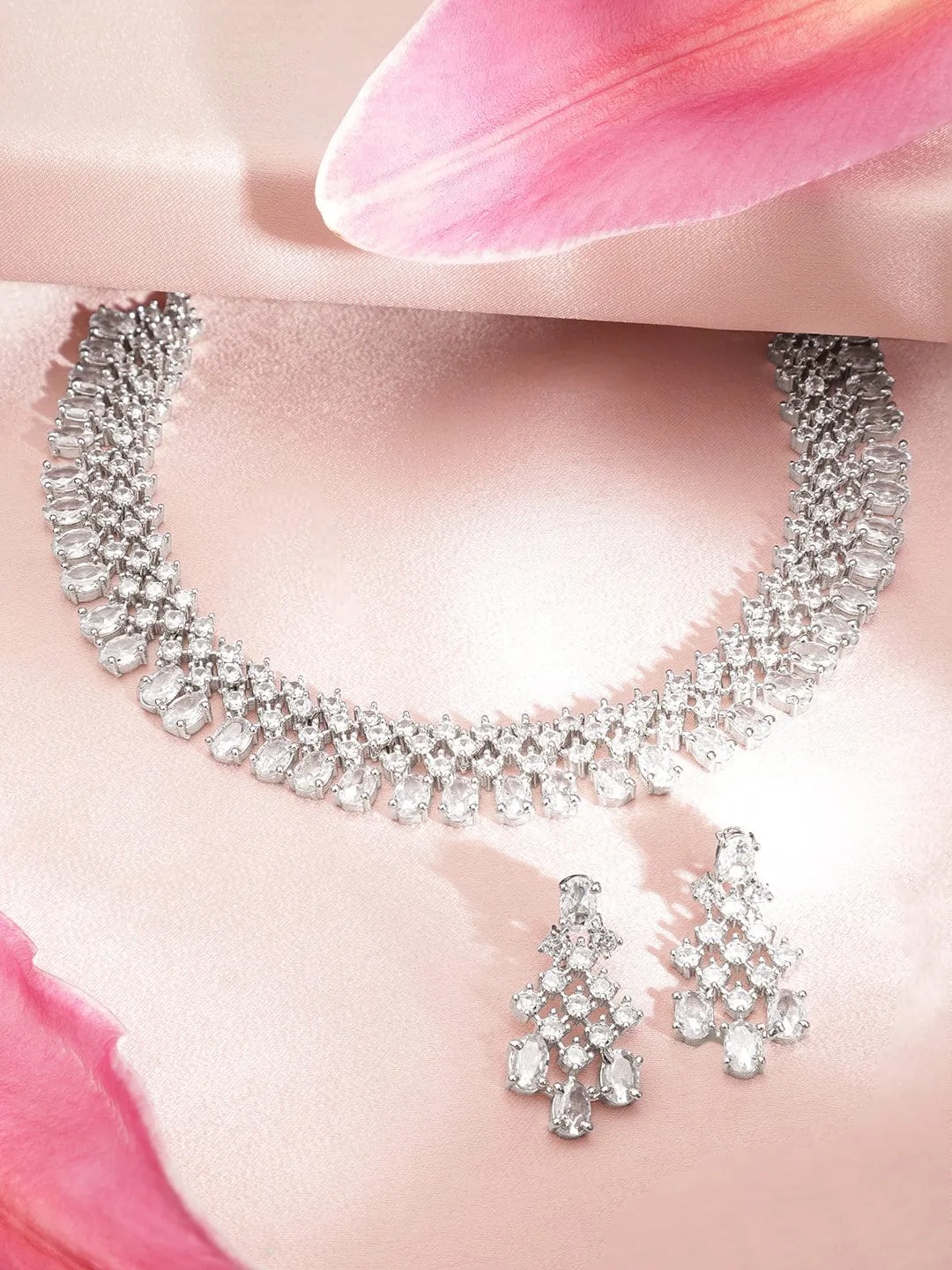 Rubans Silver Plated Necklace Set With Studded American Diamonds