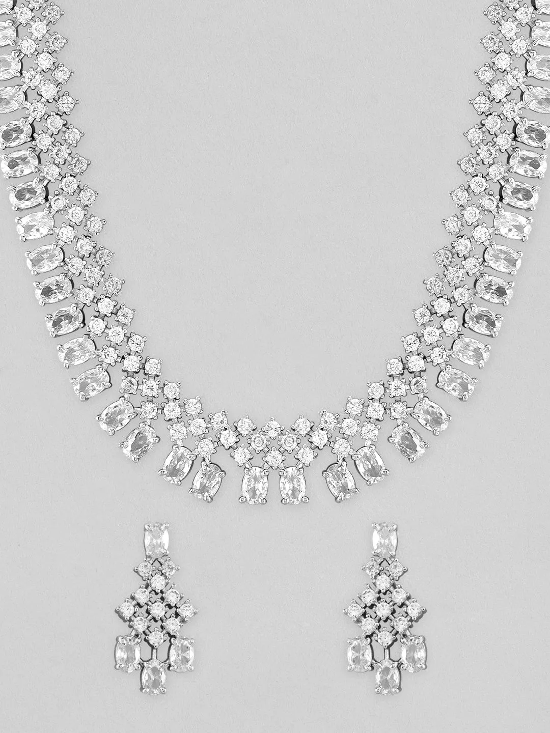 Rubans Silver Plated Necklace Set With Studded American Diamonds