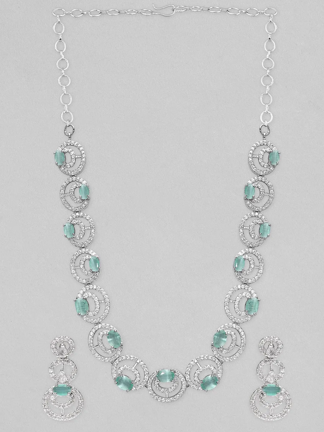 Rubans Silver Plated Necklace With Studded Pastel Mint Green AD's