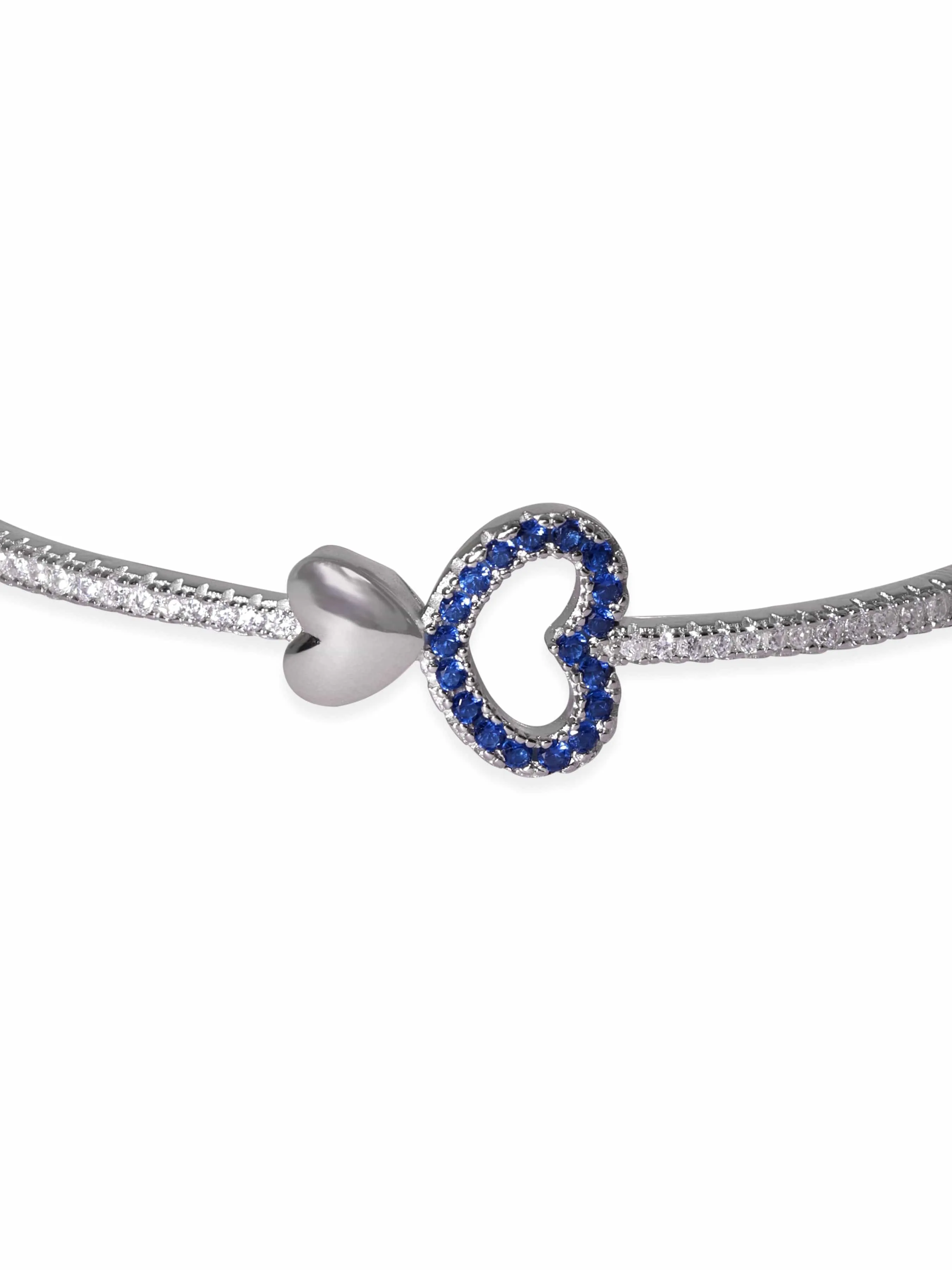 Rubans Silver Rhodium Plated Blue & White Zirconia Studded Heart Motif Bracelet