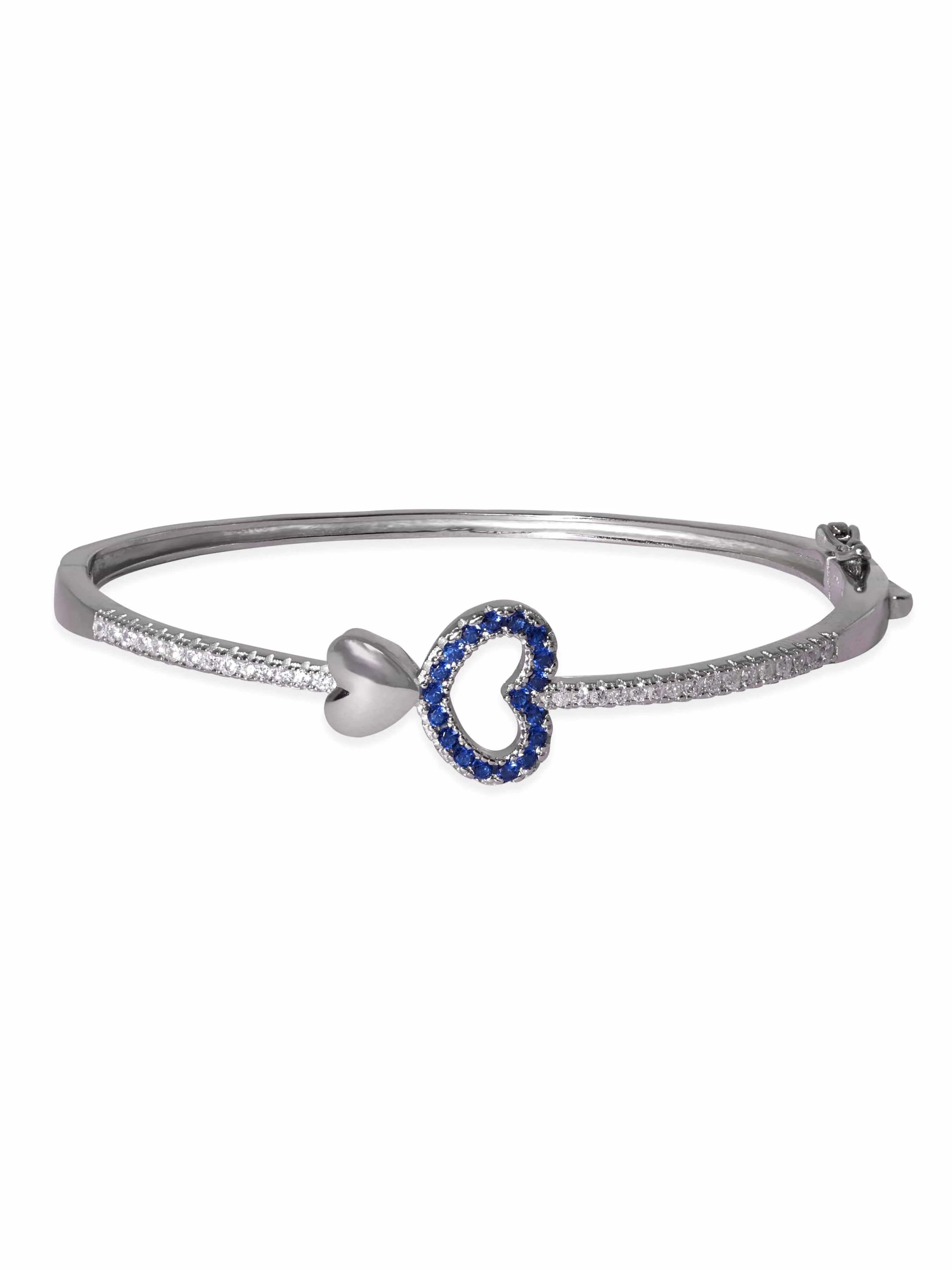 Rubans Silver Rhodium Plated Blue & White Zirconia Studded Heart Motif Bracelet