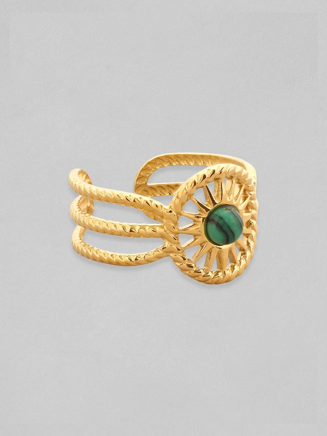 Rubans Voguish 18K Gold Plated Twisted Texture Green Stone Adjustable Ring