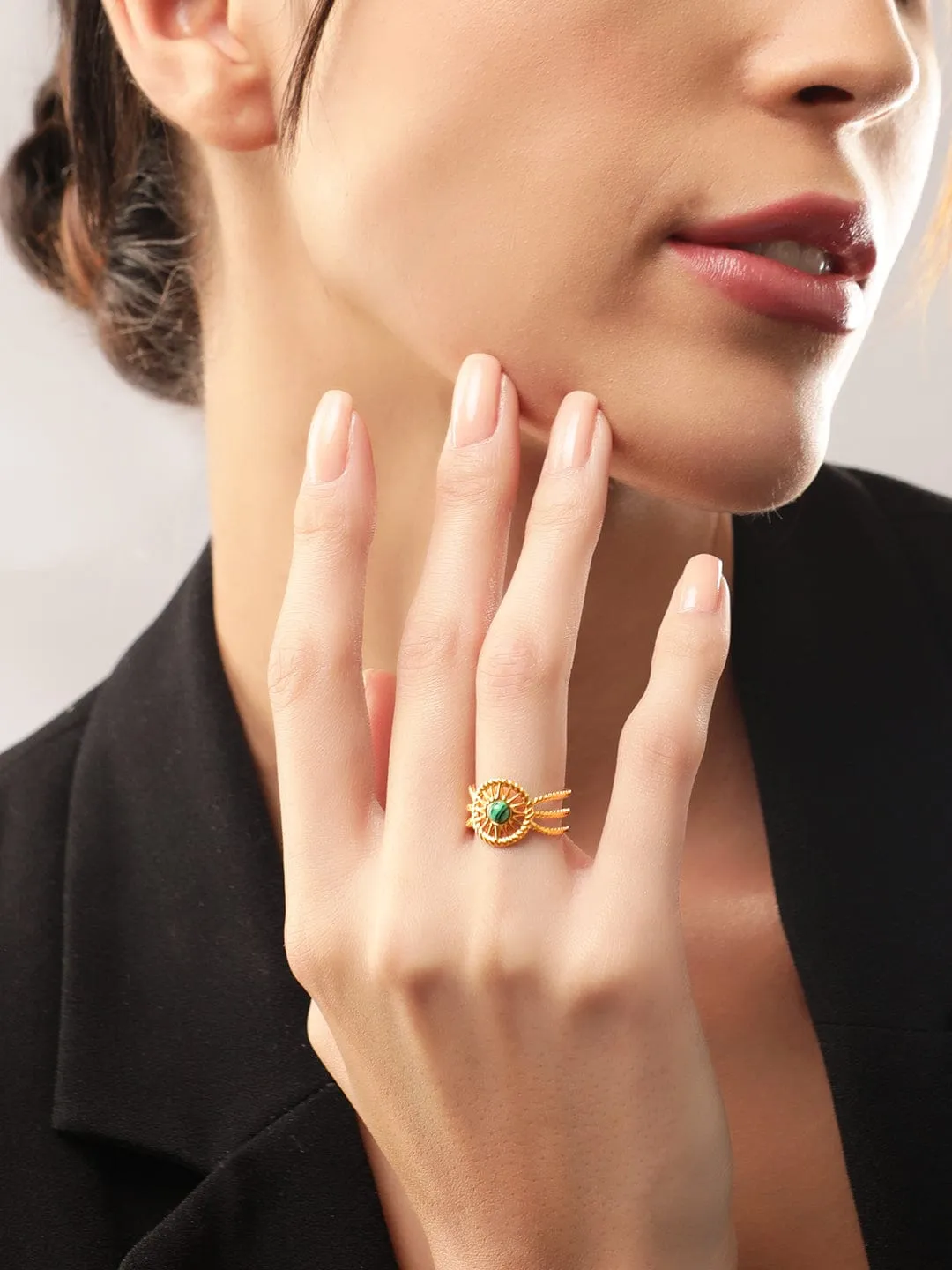 Rubans Voguish 18K Gold Plated Twisted Texture Green Stone Adjustable Ring