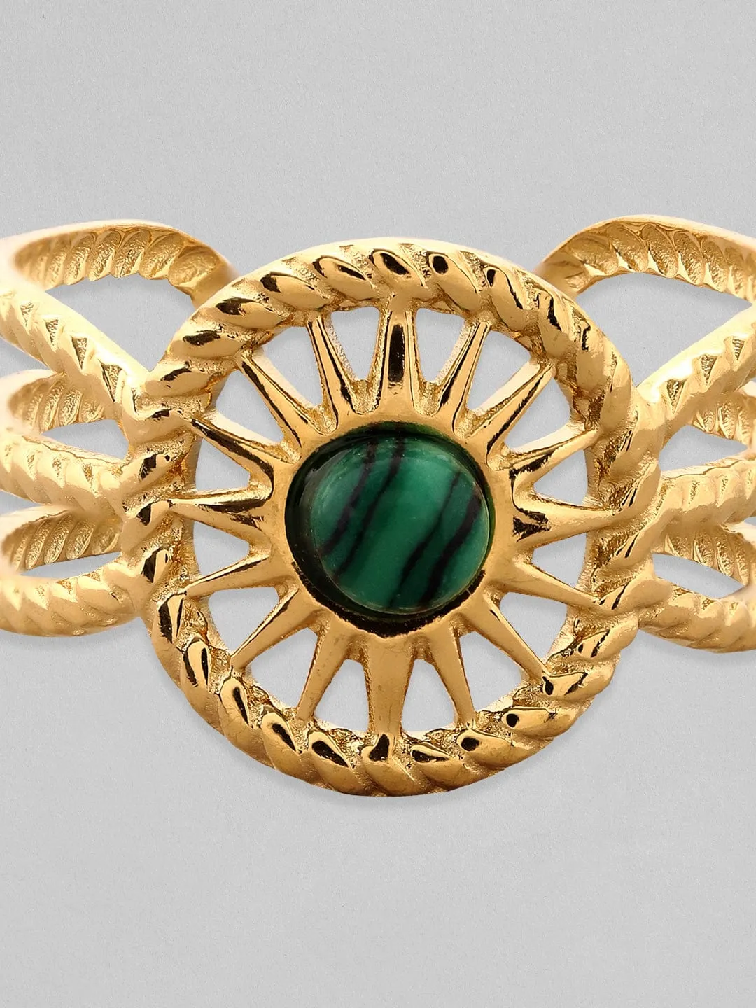 Rubans Voguish 18K Gold Plated Twisted Texture Green Stone Adjustable Ring