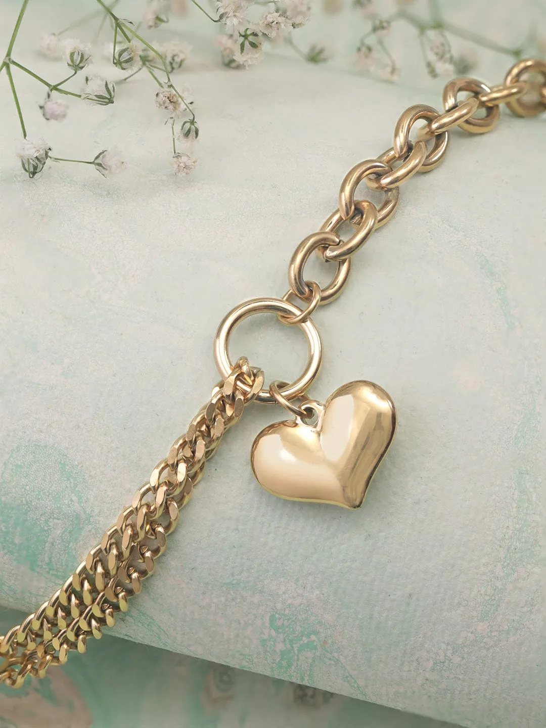 Rubans Voguish 22K Gold plated Stainless Steel Waterproof Link chain Heart charm Tarnish Free Bracelet