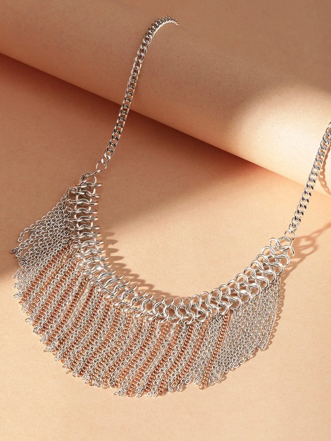 Rubans Voguish Rhodium plated & Rose Gold Link chain Tassels Necklace