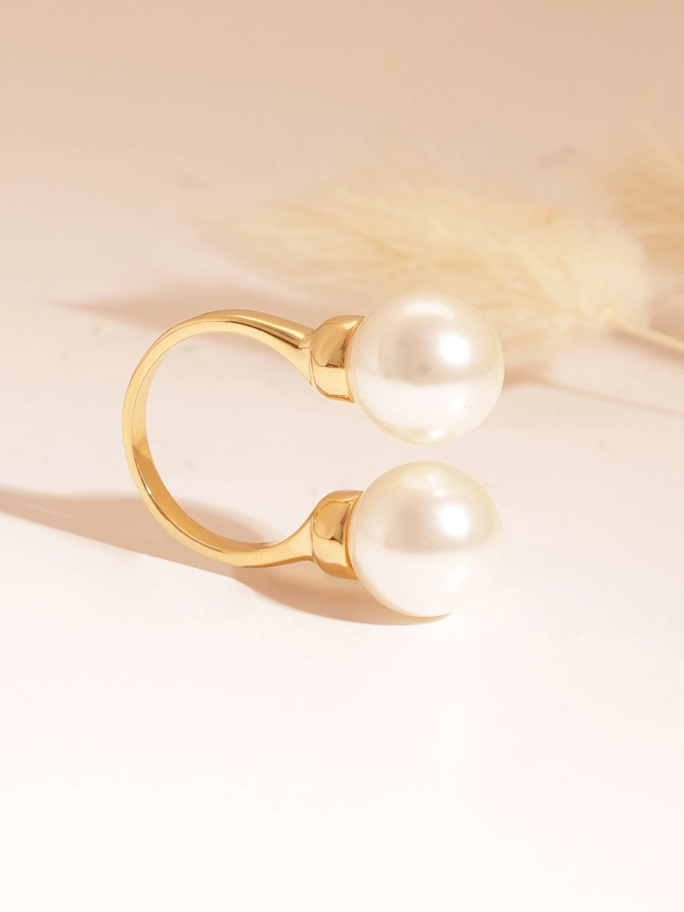 Rubans Voguish Stainless Steel 18 KT Gold Plated , Waterproof, tarnish-free , Dual Moon Drops Pearl Open Ring