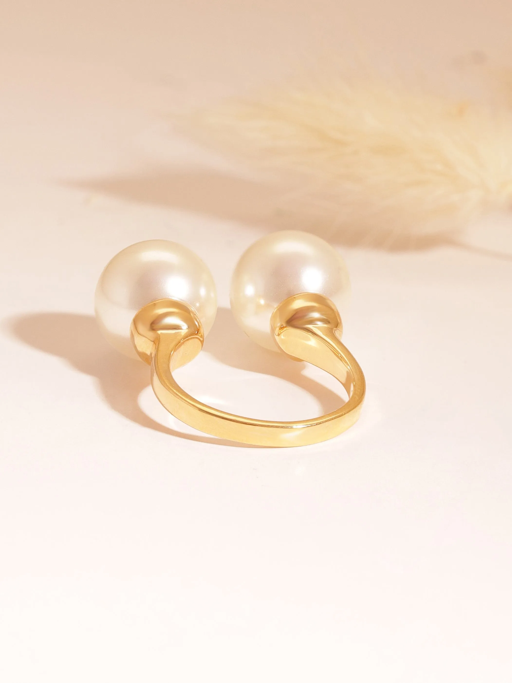 Rubans Voguish Stainless Steel 18 KT Gold Plated , Waterproof, tarnish-free , Dual Moon Drops Pearl Open Ring