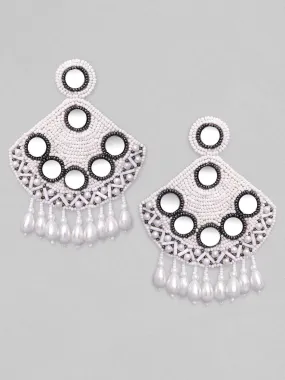 Rubans White Handmade Beadwork Embroidery and Mirror Work Earrings