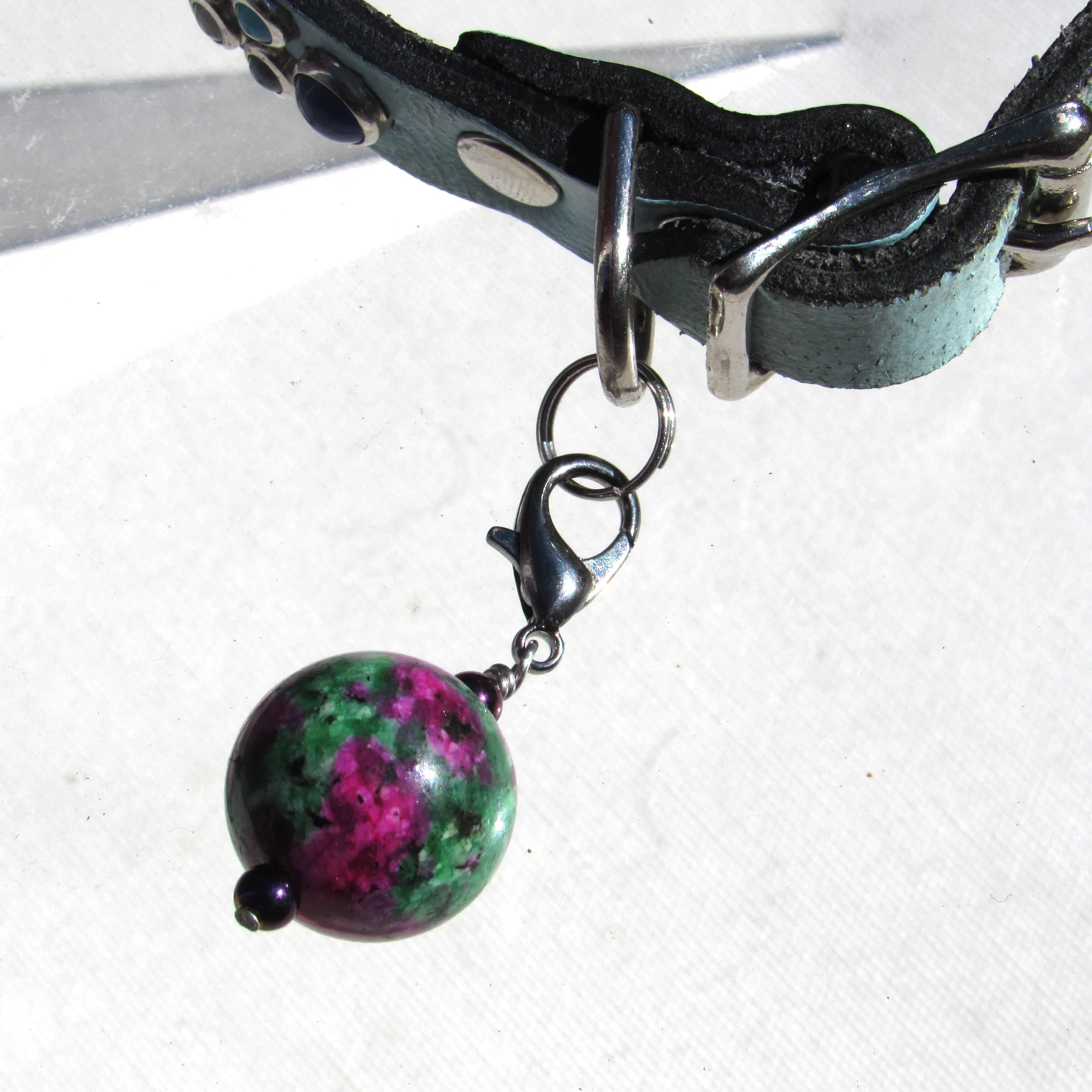 Ruby zoisite gemstone and hematite Pet collar charm