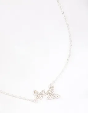 Silver Double Pave Butterfly Short Necklace