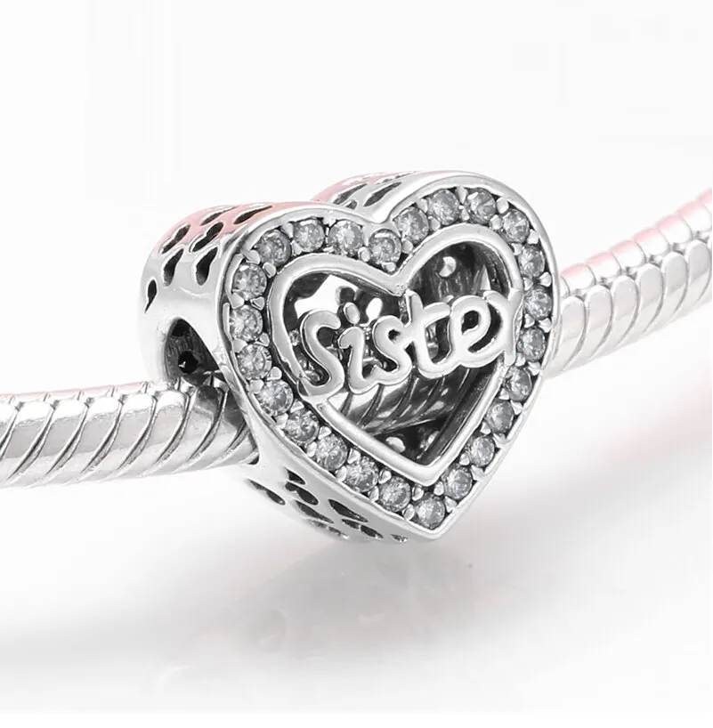 Sisterly Love! Sister Halo Crystal Heart Charm 925 Sterling Silver