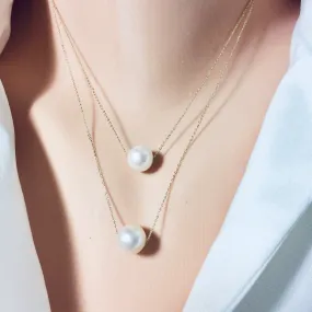 Solid Gold 18K Freshwater Pearl Floating Necklace 15.25Inches or 16 Long