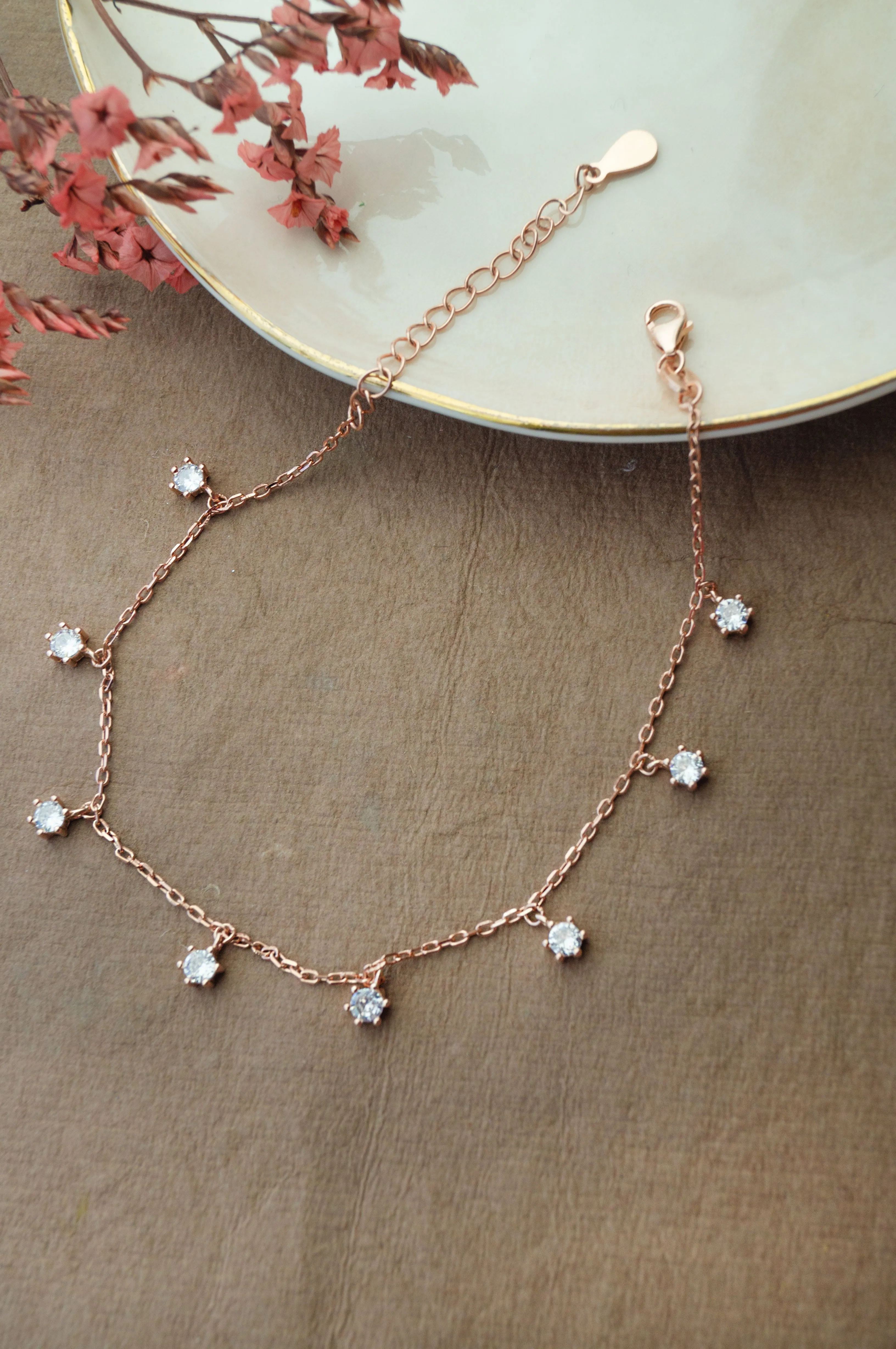 Sparkling Solitaire Charms Rose Gold Plated Sterling Silver Chain Bracelet