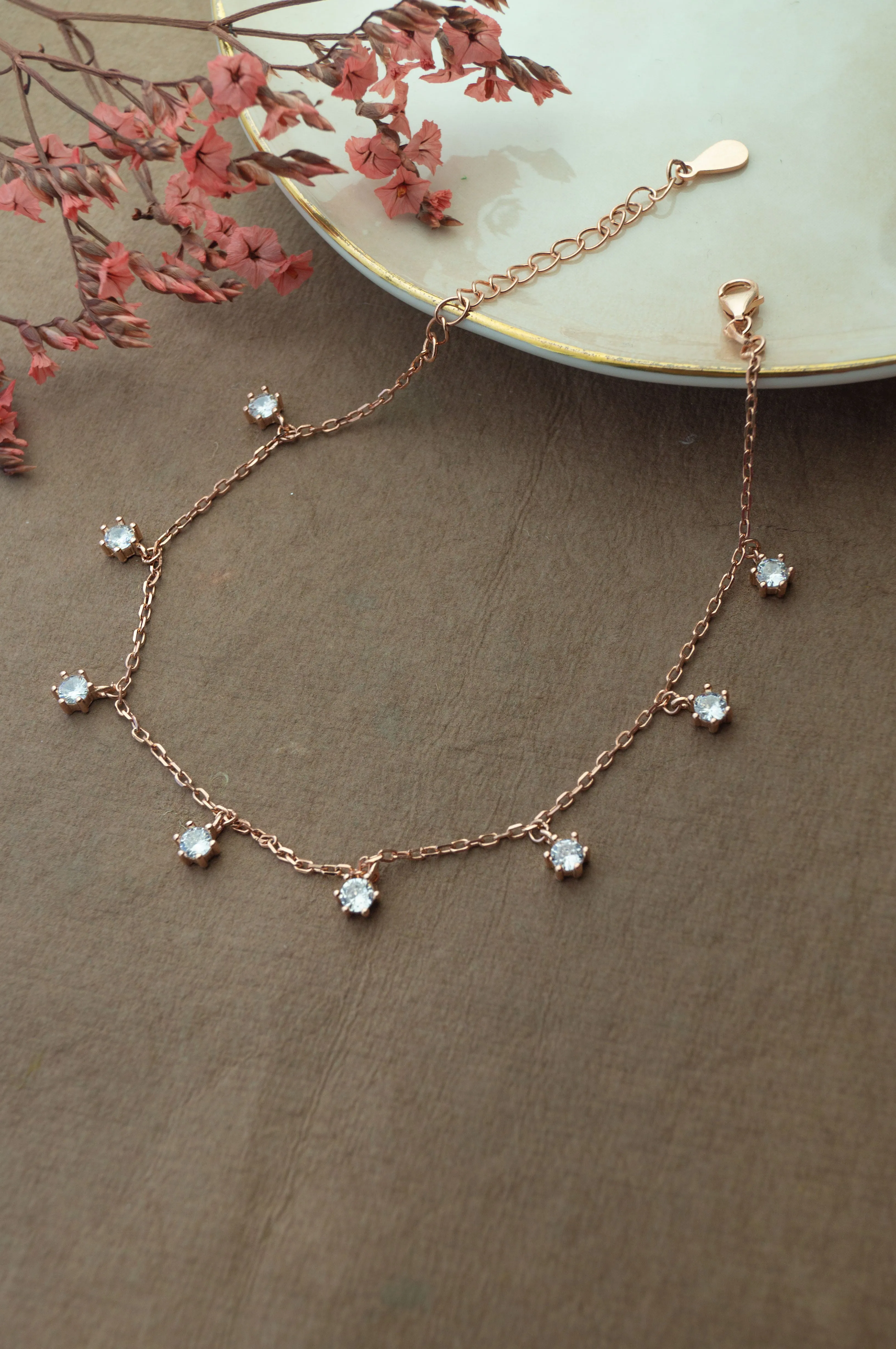 Sparkling Solitaire Charms Rose Gold Plated Sterling Silver Chain Bracelet