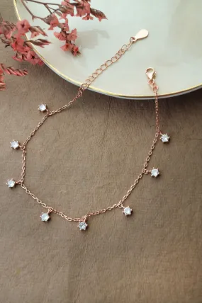 Sparkling Solitaire Charms Rose Gold Plated Sterling Silver Chain Bracelet