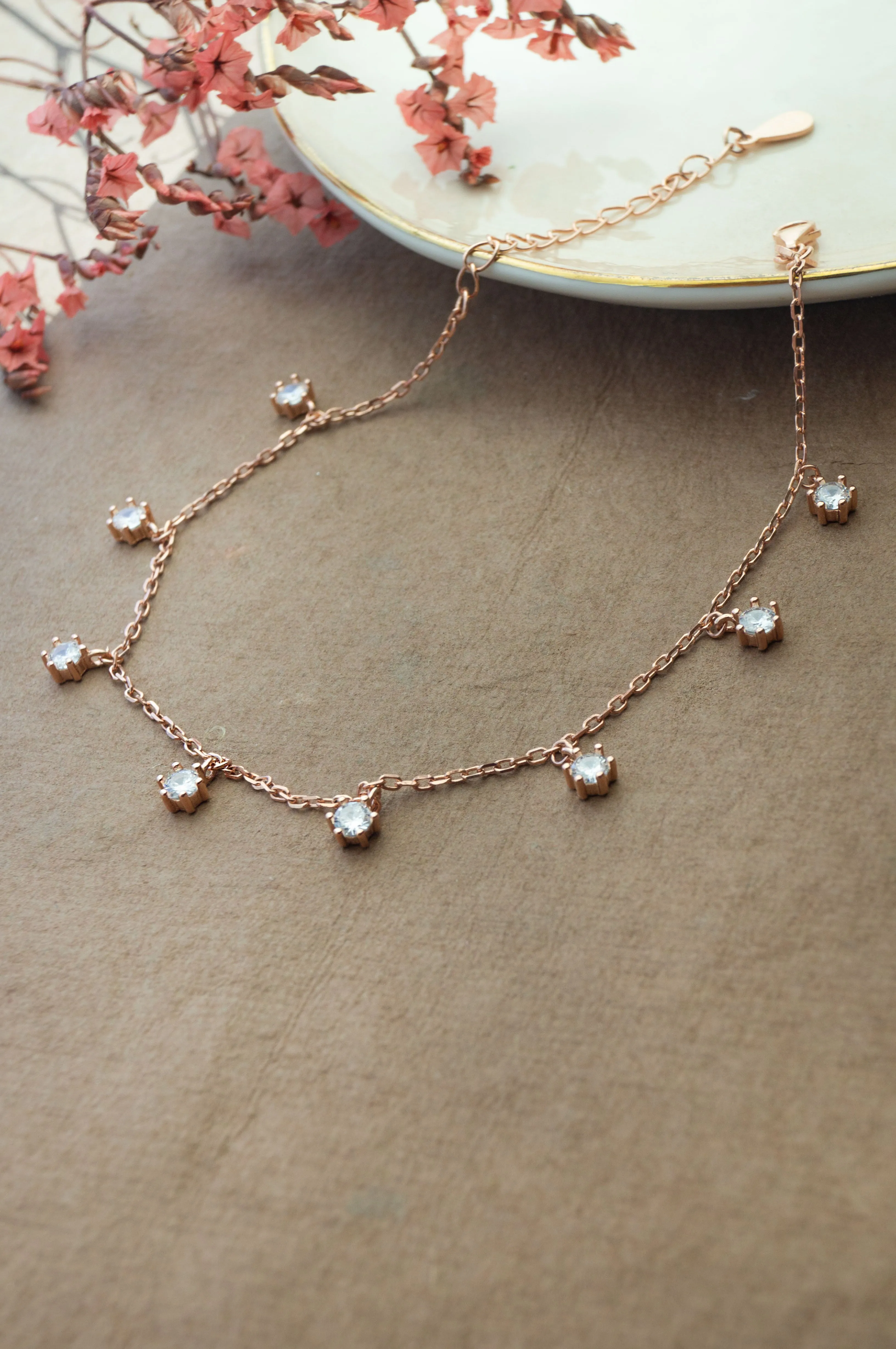 Sparkling Solitaire Charms Rose Gold Plated Sterling Silver Chain Bracelet