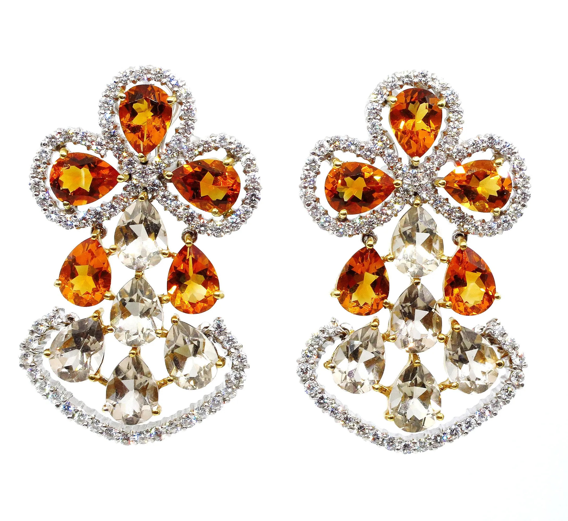 Spectacular 13.60ct DIAMOND Yellow CITRINE Smoky TOPAZ Earrings Chandelier Clip Post 18k White Gold