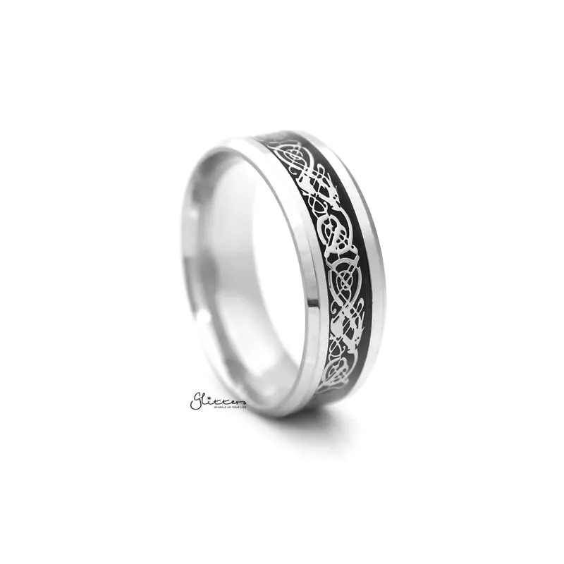 Stainless Steel Beveled Edge Band Ring with Stripe Pattern