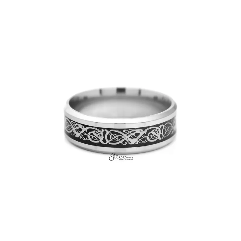 Stainless Steel Beveled Edge Band Ring with Stripe Pattern