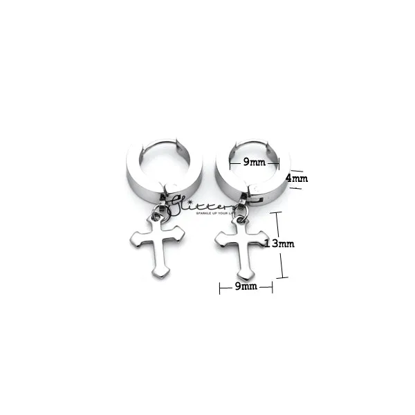 Stainless Steel Dangle Cross Huggie Hoop Earrings - Silver