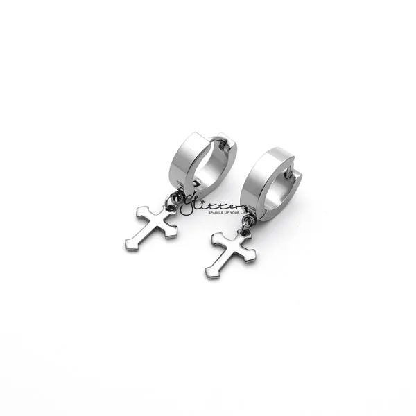 Stainless Steel Dangle Cross Huggie Hoop Earrings - Silver