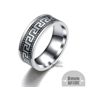 Stainless Steel Greek Key Band Ring - 8mm Wide