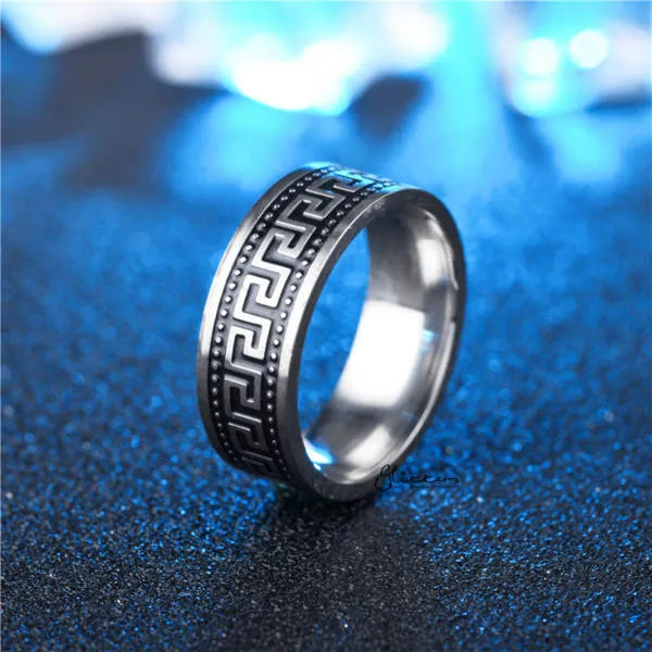 Stainless Steel Greek Key Band Ring - 8mm Wide