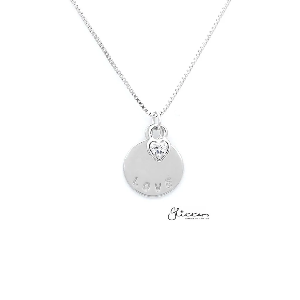 Sterling Silver C.Z Heart with Love Disc Women's Necklace with 45cm Chain