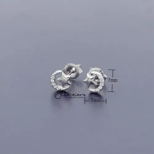 Sterling Silver C.Z Paved Moon with Star Women's Stud Earrings