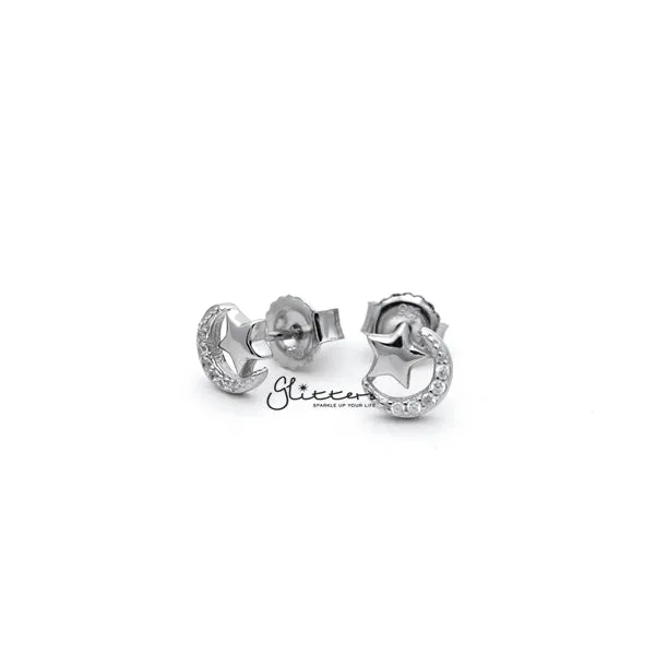 Sterling Silver C.Z Paved Moon with Star Women's Stud Earrings