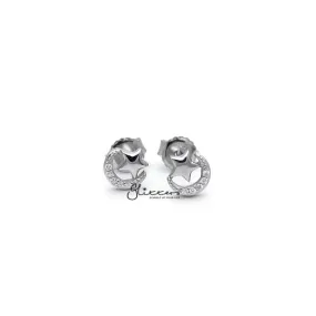 Sterling Silver C.Z Paved Moon with Star Women's Stud Earrings