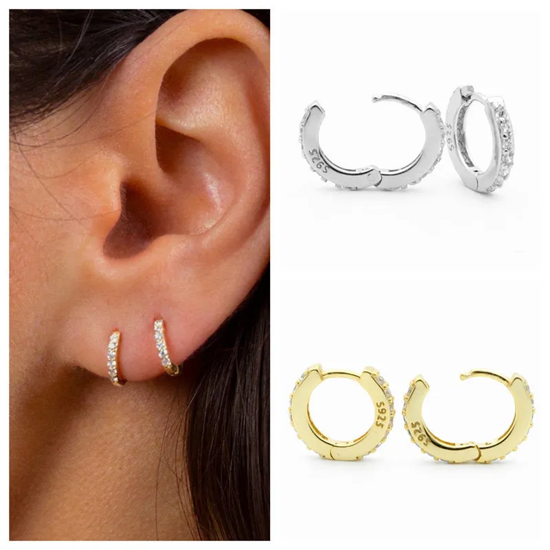 Sterling Silver CZ Paved One-Touch Huggie Hoop Earrings - Silver