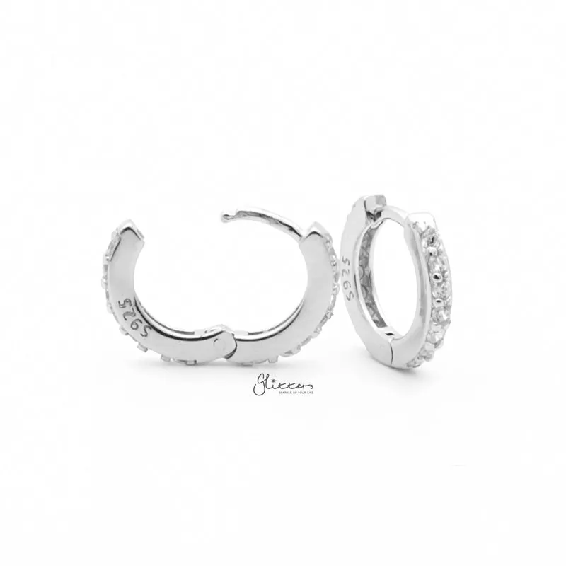 Sterling Silver CZ Paved One-Touch Huggie Hoop Earrings - Silver