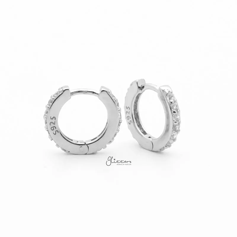 Sterling Silver CZ Paved One-Touch Huggie Hoop Earrings - Silver