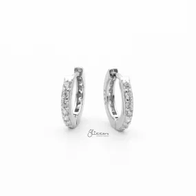 Sterling Silver CZ Paved One-Touch Huggie Hoop Earrings - Silver