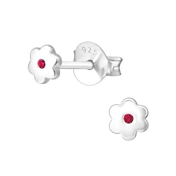 Sterling Silver Flower Baby Children Earrings with Central Ruby CZ - July Birthstone