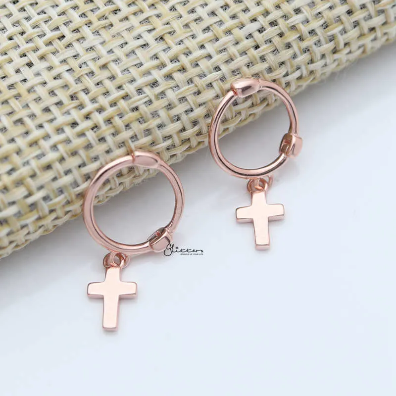 Sterling Silver One-Touch Hoop Earrings with Dangle Cross - Rose Gold