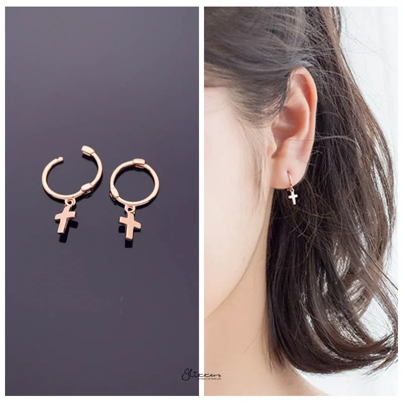 Sterling Silver One-Touch Hoop Earrings with Dangle Cross - Rose Gold