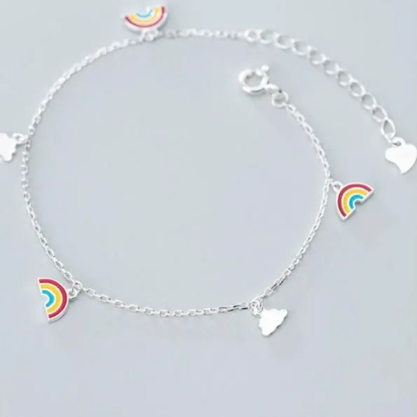 Sterling Silver Rainbow And Cloud Charm Bracelet